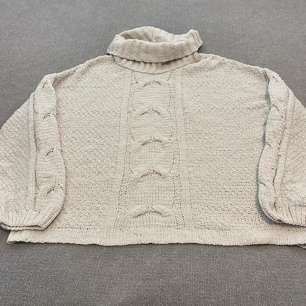 Seven7 Sweater Womens XL Beige Cable Knit Turtleneck Oversized Heavyweight Boho